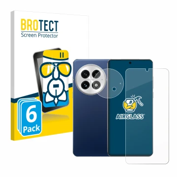 Front side of a product packaging with the brand logo BROTECT. Next to it is the device OnePlus 13 (Front+Camera) shown with t