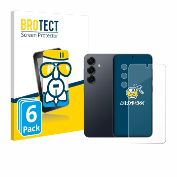 Front side of a product packaging with the brand logo BROTECT. Next to it is the device Samsung Galaxy S25 (Front+Camera) show