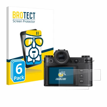 Front side of a product packaging with the brand logo BROTECT. Next to it is the device Leica SL3-S (Display + top plate displ