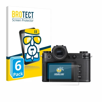Front side of a product packaging with the brand logo BROTECT. Next to it is the device Leica SL3-S shown with the correspondi