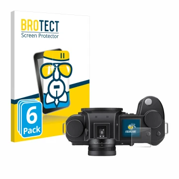 Front side of a product packaging with the brand logo BROTECT. Next to it is the device Leica SL3-S (top plate display) shown 