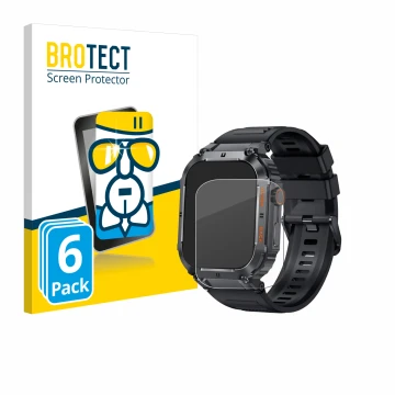 Front side of a product packaging with the brand logo BROTECT. Next to it is the device bedee Smartwatch 1.96