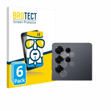 Front side of a product packaging with the brand logo BROTECT. Next to it is the device Samsung Galaxy S25 Ultra (ONLY Camera 
