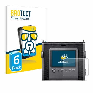 Front side of a product packaging with the brand logo BROTECT. Next to it is the device Fujifilm Instax Wide Evo shown with th
