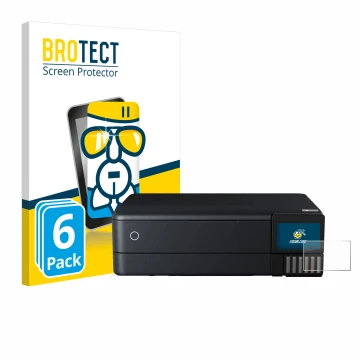 Front side of a product packaging with the brand logo BROTECT. Next to it is the device Epson EcoTank ET-8550 shown with the c