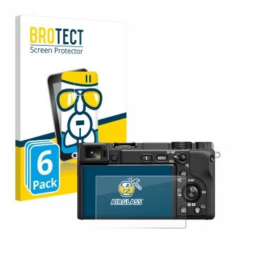 Front side of a product packaging with the brand logo BROTECT. Next to it is the device Sony Alpha 6100A shown with the corres