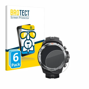Front side of a product packaging with the brand logo BROTECT. Next to it is the device Xiaomi Mibro GS Explorer shown with th