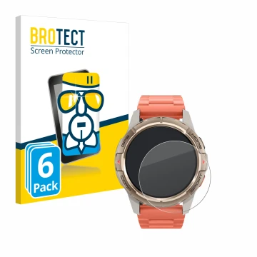 Front side of a product packaging with the brand logo BROTECT. Next to it is the device Xiaomi Mibro GS Active shown with the 