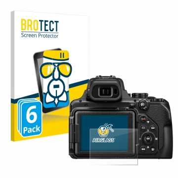Front side of a product packaging with the brand logo BROTECT. Next to it is the device Nikon Coolpix P1100 shown with the cor