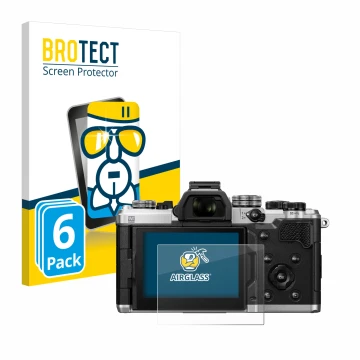 Front side of a product packaging with the brand logo BROTECT. Next to it is the device OM System OM-3 shown with the correspo