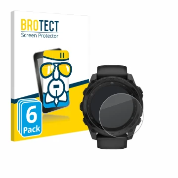 Front side of a product packaging with the brand logo BROTECT. Next to it is the device Garmin Tactix 8 AMOLED (51 mm) shown w