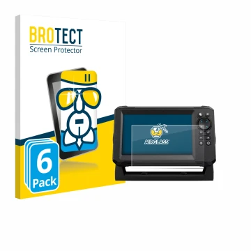 Front side of a product packaging with the brand logo BROTECT. Next to it is the device Lowrance Eagle 7 shown with the corres