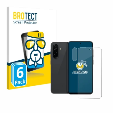 Front side of a product packaging with the brand logo BROTECT. Next to it is the device Samsung Galaxy A36 5G (Front+Camera) s