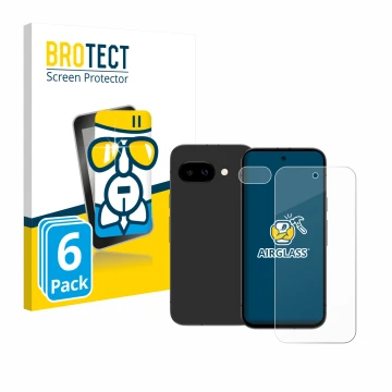 Front side of a product packaging with the brand logo BROTECT. Next to it is the device Google Pixel 9a (Front+Camera) shown w