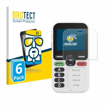 Front side of a product packaging with the brand logo BROTECT. Next to it is the device Doro Leva X10 shown with the correspon