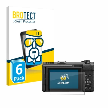 Front side of a product packaging with the brand logo BROTECT. Next to it is the device Canon PowerShot V1 shown with the corr