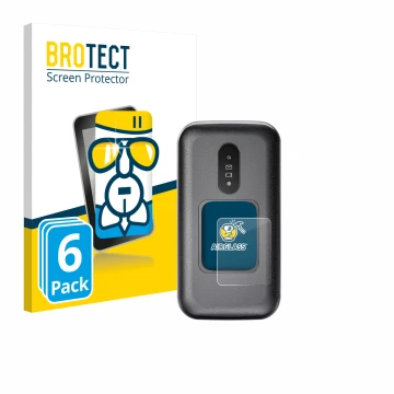 Front side of a product packaging with the brand logo BROTECT. Next to it is the device Doro 2880 (Outer display) shown with t