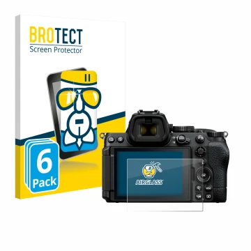 Front side of a product packaging with the brand logo BROTECT. Next to it is the device Nikon Z5 II shown with the correspondi
