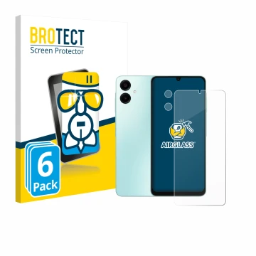 Front side of a product packaging with the brand logo BROTECT. Next to it is the device Samsung Galaxy A06 5G (Front+Camera) s