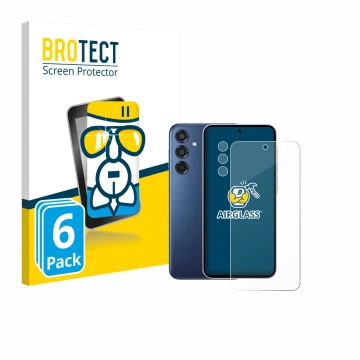 Front side of a product packaging with the brand logo BROTECT. Next to it is the device Samsung Galaxy M35 (Front+Camera) show