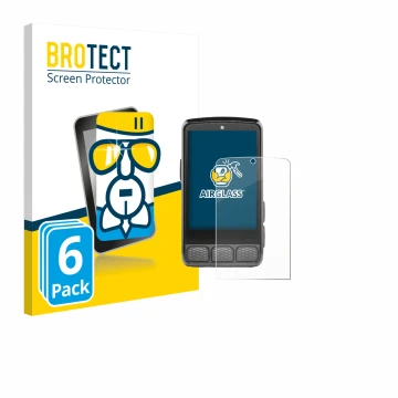 Front side of a product packaging with the brand logo BROTECT. Next to it is the device Wahoo Elemnt Roam V3 shown with the co