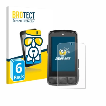 Front side of a product packaging with the brand logo BROTECT. Next to it is the device Wahoo Elemnt Bolt 3 shown with the cor