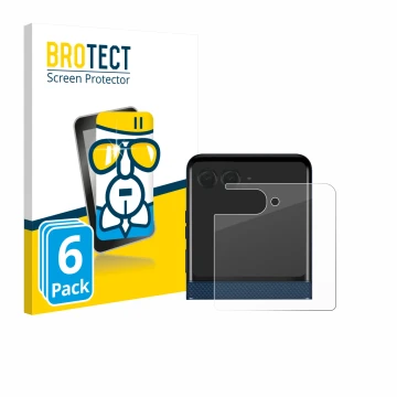 Front side of a product packaging with the brand logo BROTECT. Next to it is the device Motorola Razr 60 (Back display) shown 