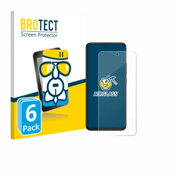 Front side of a product packaging with the brand logo BROTECT. Next to it is the device TCL 60 5G shown with the corresponding