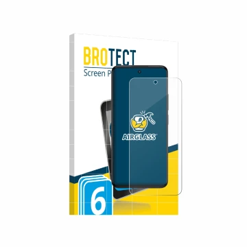 Front side of a product packaging with the brand logo BROTECT. Next to it is the device TCL SE NxtPaper 5G shown with the corr