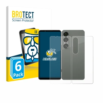 Front side of a product packaging with the brand logo BROTECT. Next to it is the device Sony Xperia 1 VII (Front+Back) shown w