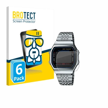 Front side of a product packaging with the brand logo BROTECT. Next to it is the device Casio iconic ABL-100WE-1A shown with t