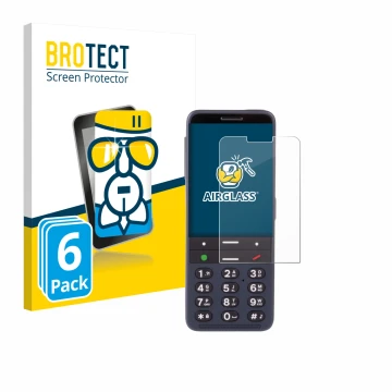 Front side of a product packaging with the brand logo BROTECT. Next to it is the device BlindShell Classic 3 shown with the co