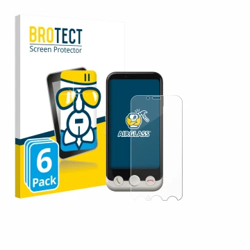 Front side of a product packaging with the brand logo BROTECT. Next to it is the device Doro Aurora A10 shown with the corresp