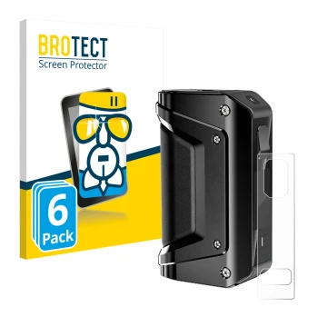 Front side of a product packaging with the brand logo BROTECT. Next to it is the device GeekVape Aegis Legend 3 shown with the
