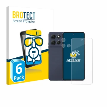 Front side of a product packaging with the brand logo BROTECT. Next to it is the device Motorola Moto G86 (Front+Camera) shown