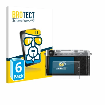 Front side of a product packaging with the brand logo BROTECT. Next to it is the device Fujifilm X-E5 shown with the correspon