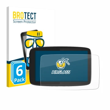 Front side of a product packaging with the brand logo BROTECT. Next to it is the device TomTom GO Camper Tour shown with the c