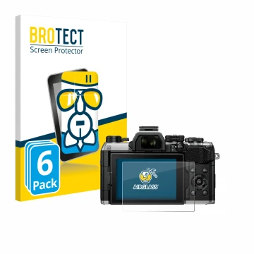 Front side of a product packaging with the brand logo BROTECT. Next to it is the device Olympus OM System OM-5 Mark II shown w