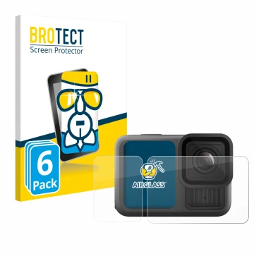 Front side of a product packaging with the brand logo BROTECT. Next to it is the device GoPro Hero 13 Black Creator Edition sh