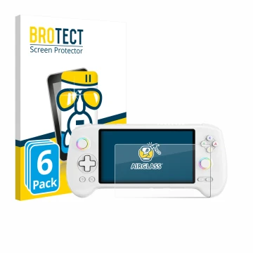 Front side of a product packaging with the brand logo BROTECT. Next to it is the device Anbernic RG556 shown with the correspo