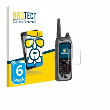 Front side of a product packaging with the brand logo BROTECT. Next to it is the device Icom IC-A25NE /IC-A25CE shown with the