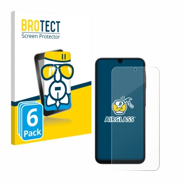 Front side of a product packaging with the brand logo BROTECT. Next to it is the device Samsung Galaxy A17 5G shown with the c