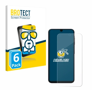 Front side of a product packaging with the brand logo BROTECT. Next to it is the device Samsung Galaxy A17 4G shown with the c