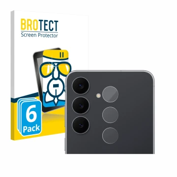 Front side of a product packaging with the brand logo BROTECT. Next to it is the device Samsung Galaxy S25 FE (ONLY Camera Len