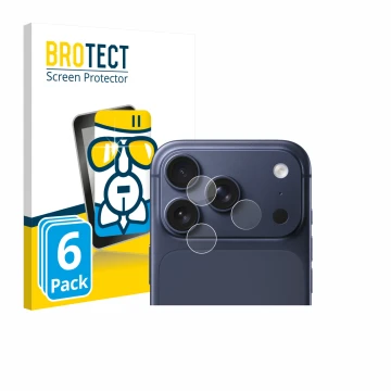 Front side of a product packaging with the brand logo BROTECT. Next to it is the device Apple iPhone 17 Pro (ONLY Camera Lens)