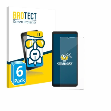 Front side of a product packaging with the brand logo BROTECT. Next to it is the device Sony Xperia 10 VII shown with the corr