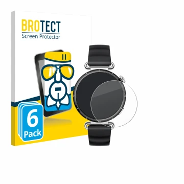 Front side of a product packaging with the brand logo BROTECT. Next to it is the device Huawei Watch GT 6 (41 mm) shown with t