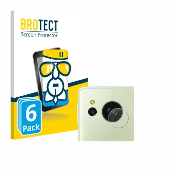 Front side of a product packaging with the brand logo BROTECT. Next to it is the device Sharp Aquos Sense 8 (ONLY Camera) show