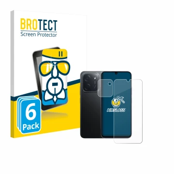 Front side of a product packaging with the brand logo BROTECT. Next to it is the device Xiaomi Poco C85 (Front+Camera) shown w