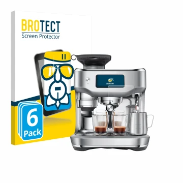 Front side of a product packaging with the brand logo BROTECT. Next to it is the device Sage the Oracle Dual Boiler shown with